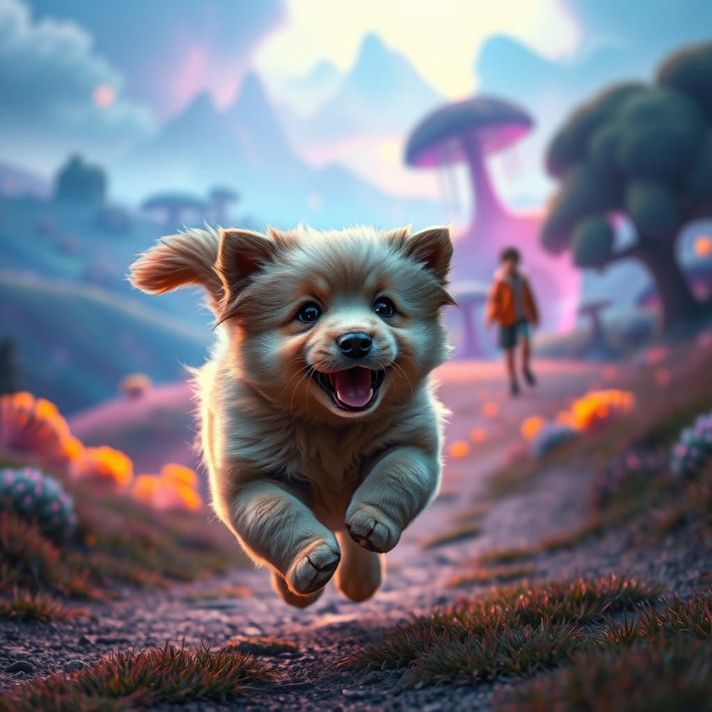 Whimsical Puppy Running to Owner in Fantastical Landscape