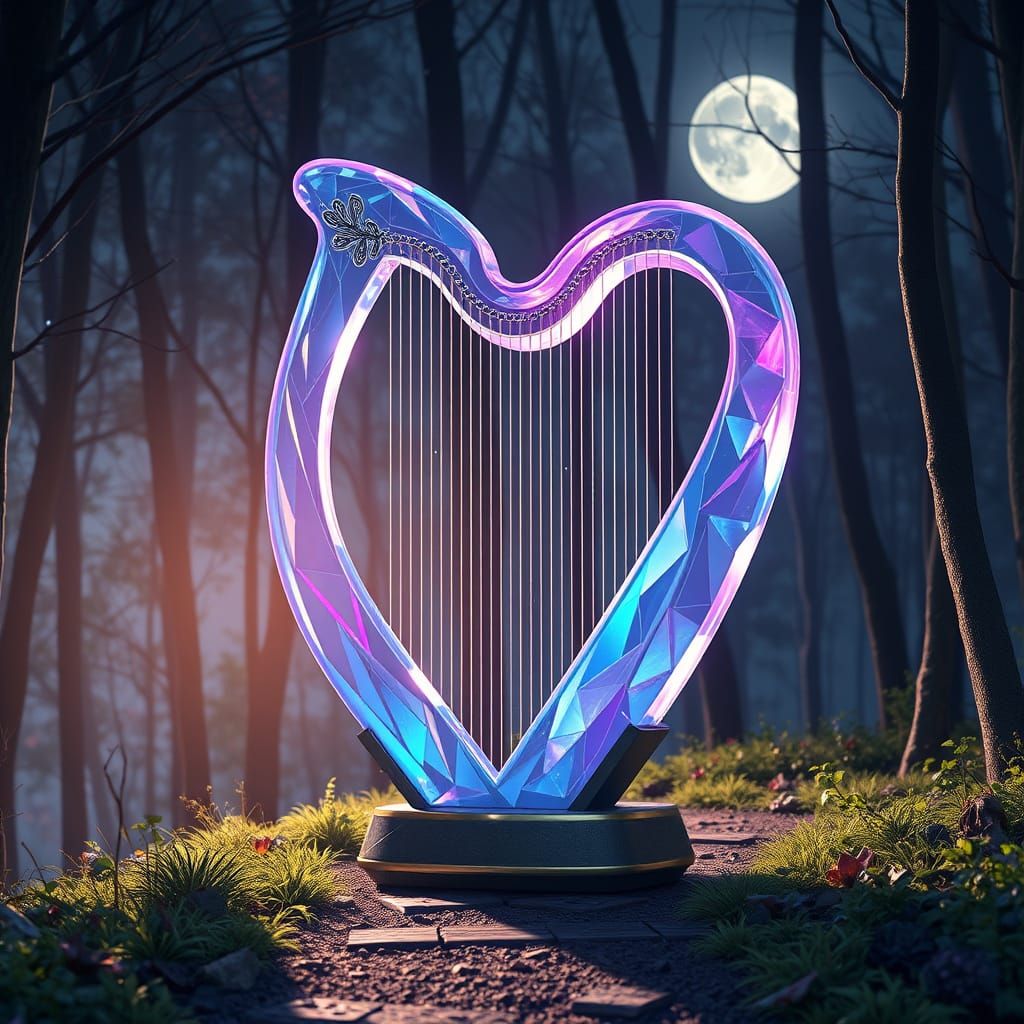 Holographic Glass Harp Glows in Moonlit Woods