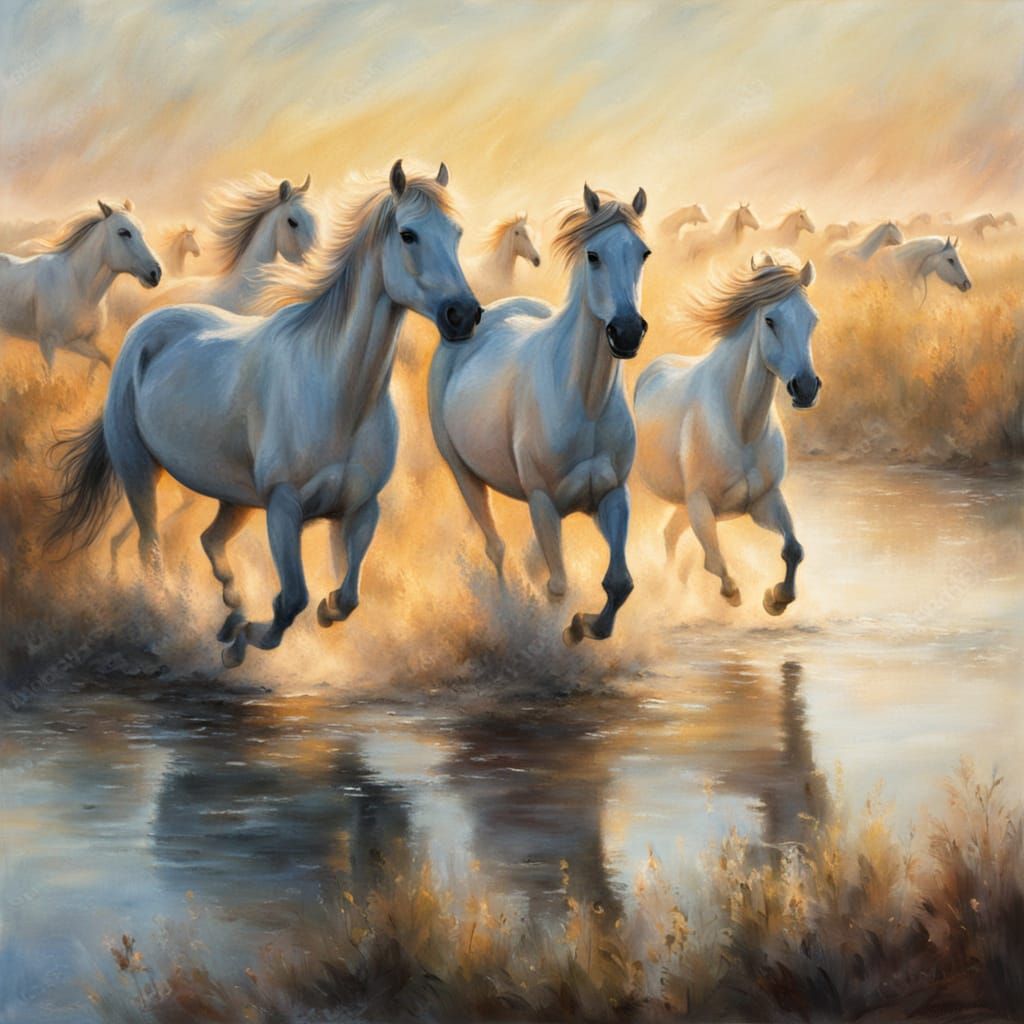 Camargue Horses Gallop Through Marsh in Golden Hour Light