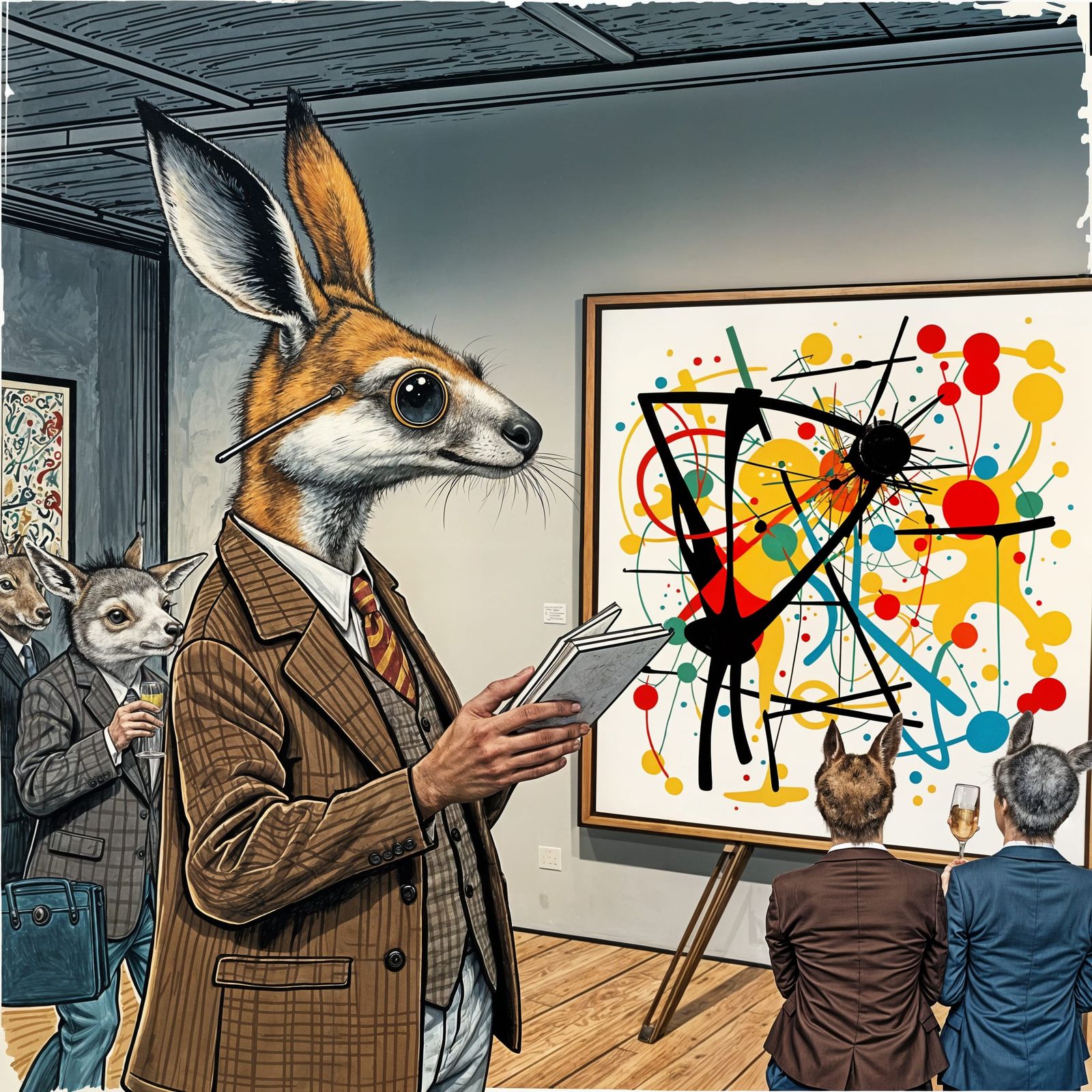 Kangaroo Art Critic Inspects Pollock Painting