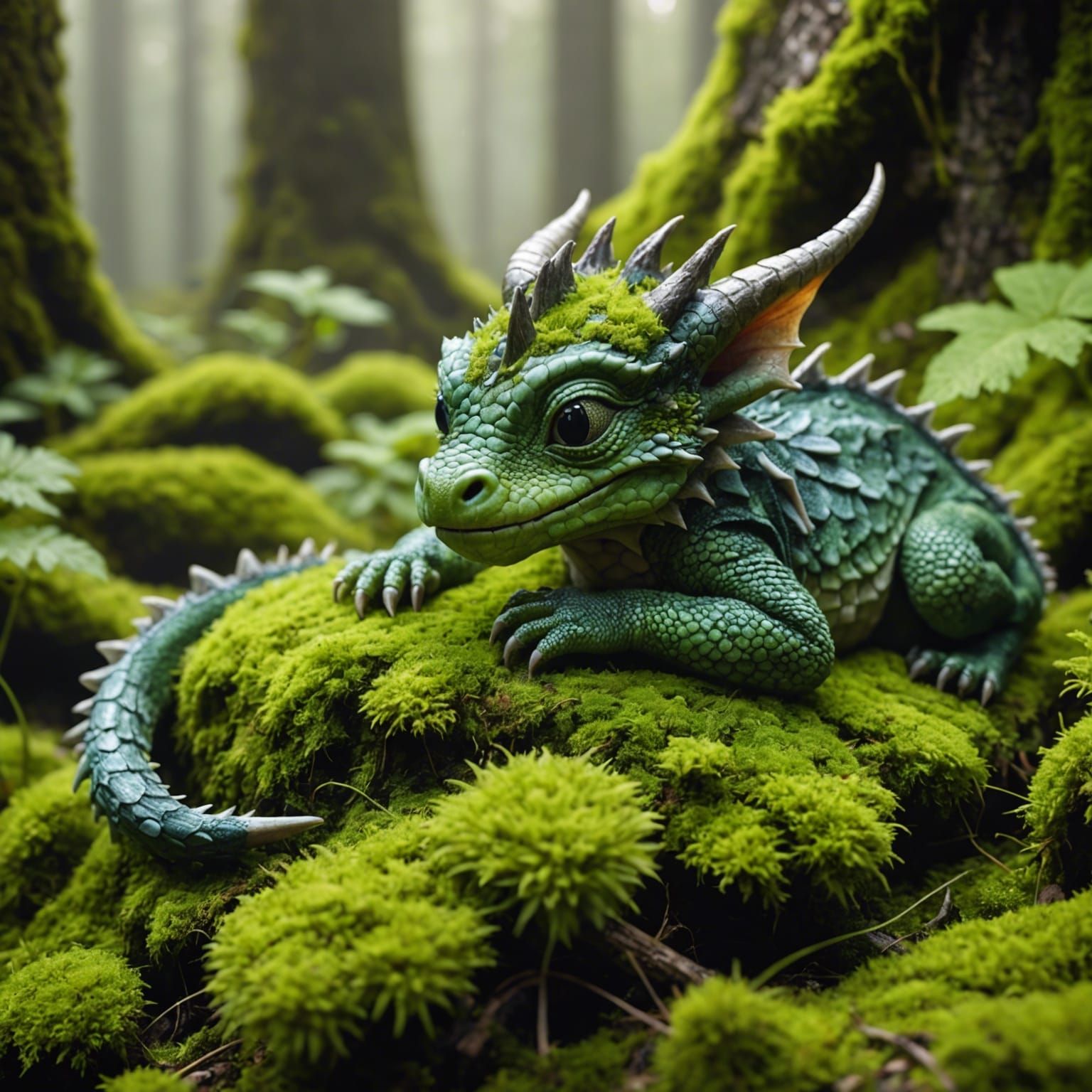 Baby Dragon Sleeping Peacefully on Moss