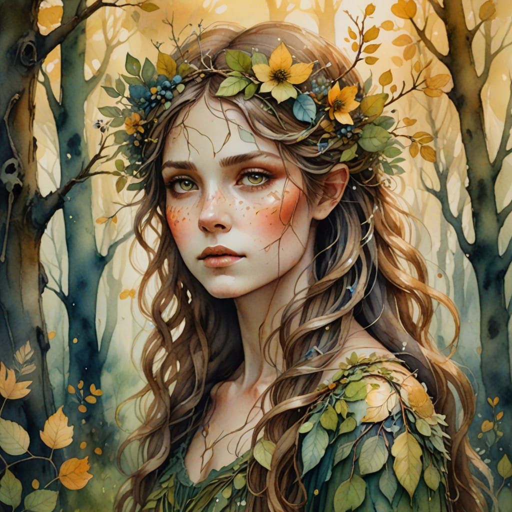 Whimsical Dryad in Misty Woodland, Watercolor Fantasy Art