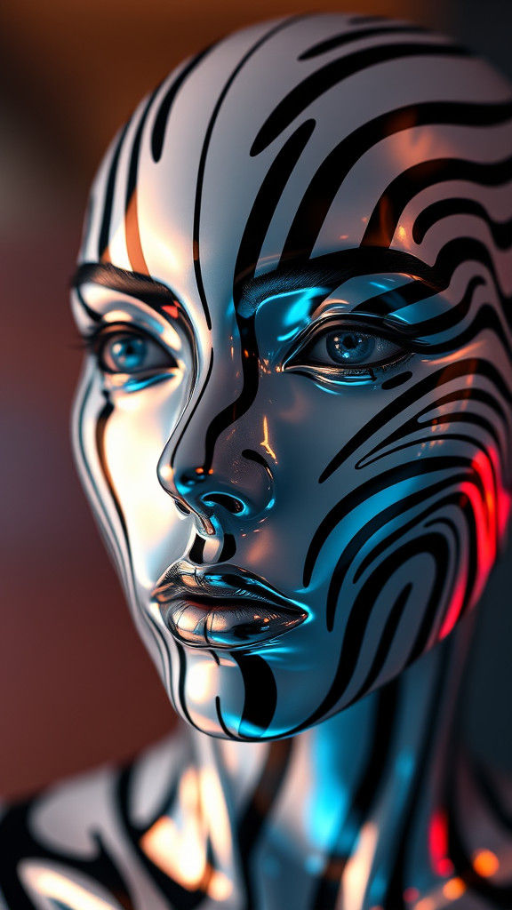 Futuristic Face with Chrome Reflections and Quantum Wavetrac...