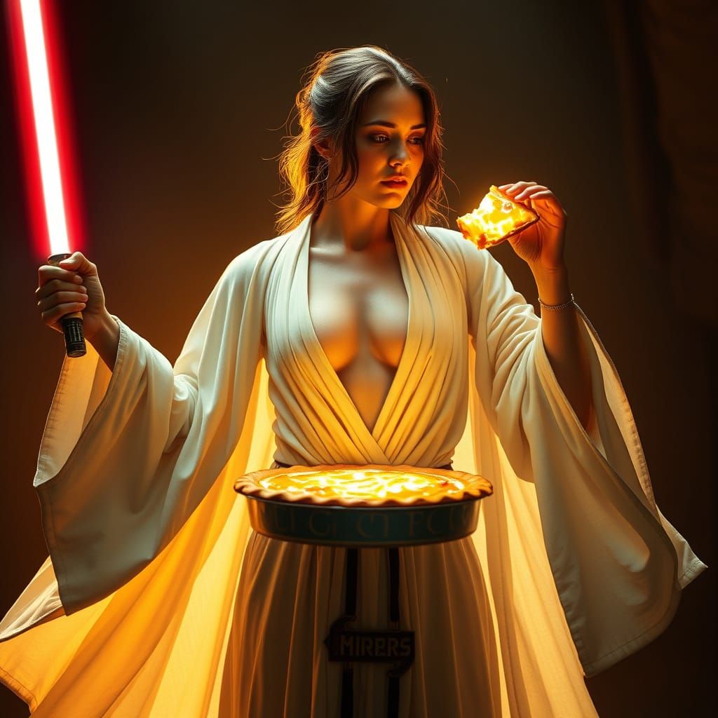 Heroic Woman Bites Radiant Pie in Ethereal Light