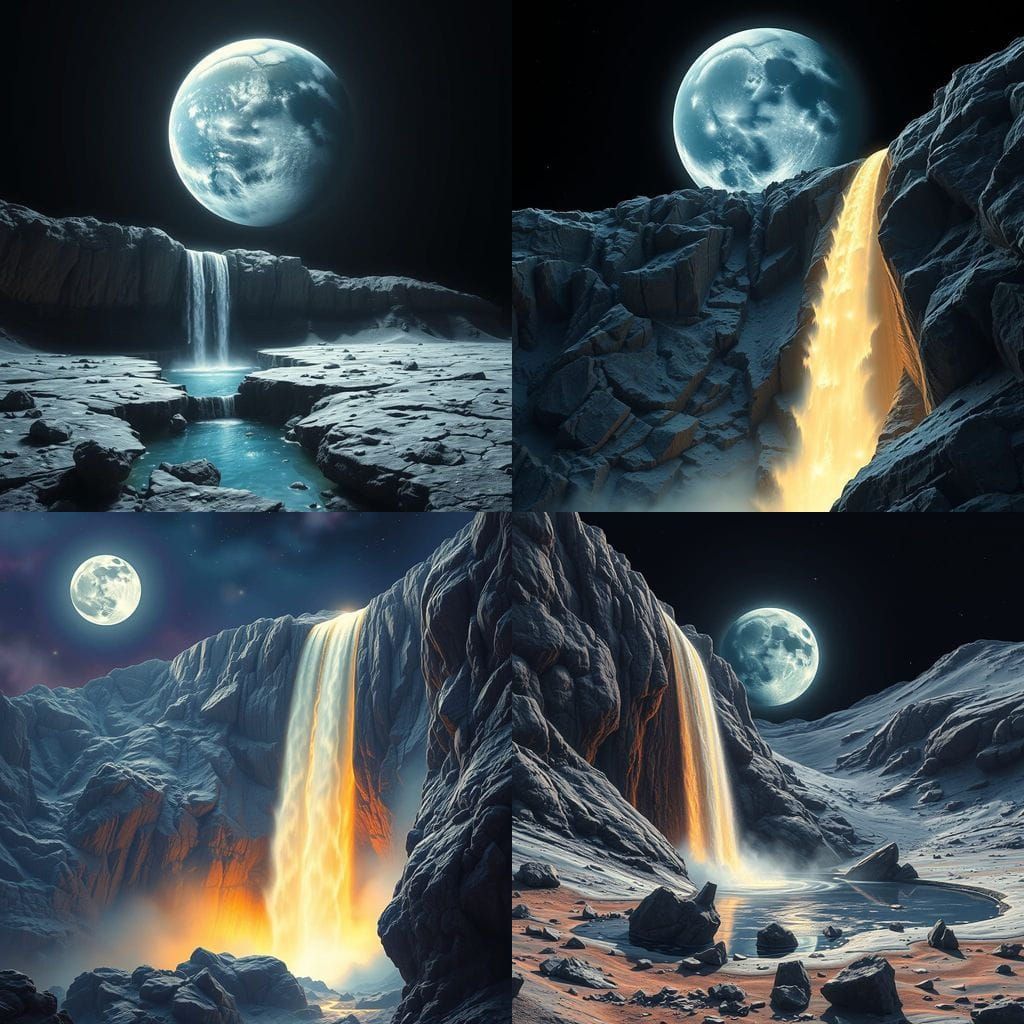 Surreal Lunar Waterfall Reflecting Earth and Stars