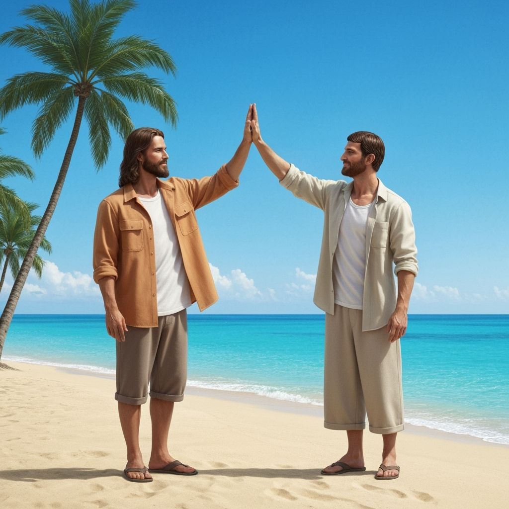 Jesus and Lucifer High Five on Sunny Beach, Photorealistic