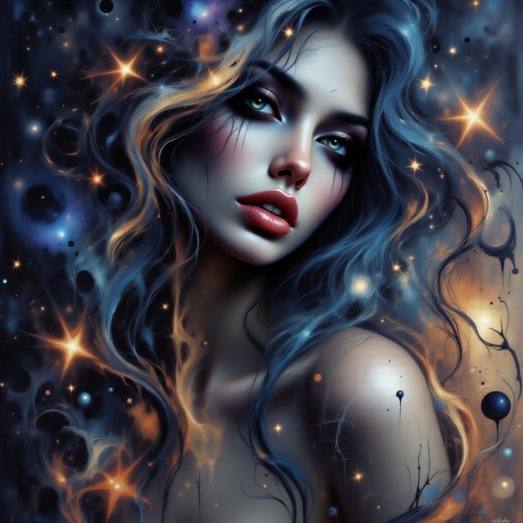 Hyperrealistic Woman in Cosmic Gown with Glowing Hair