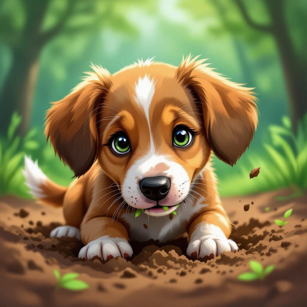 Happy Dirt Dog Digging in Forest, Whimsical Style