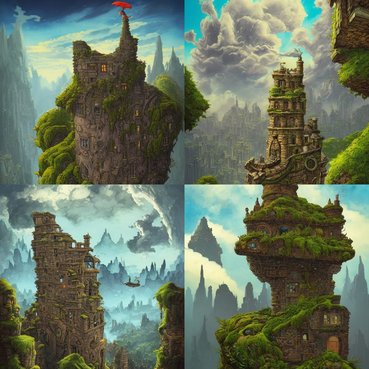 Towering Stone House Overlooking City, Watercolour Art