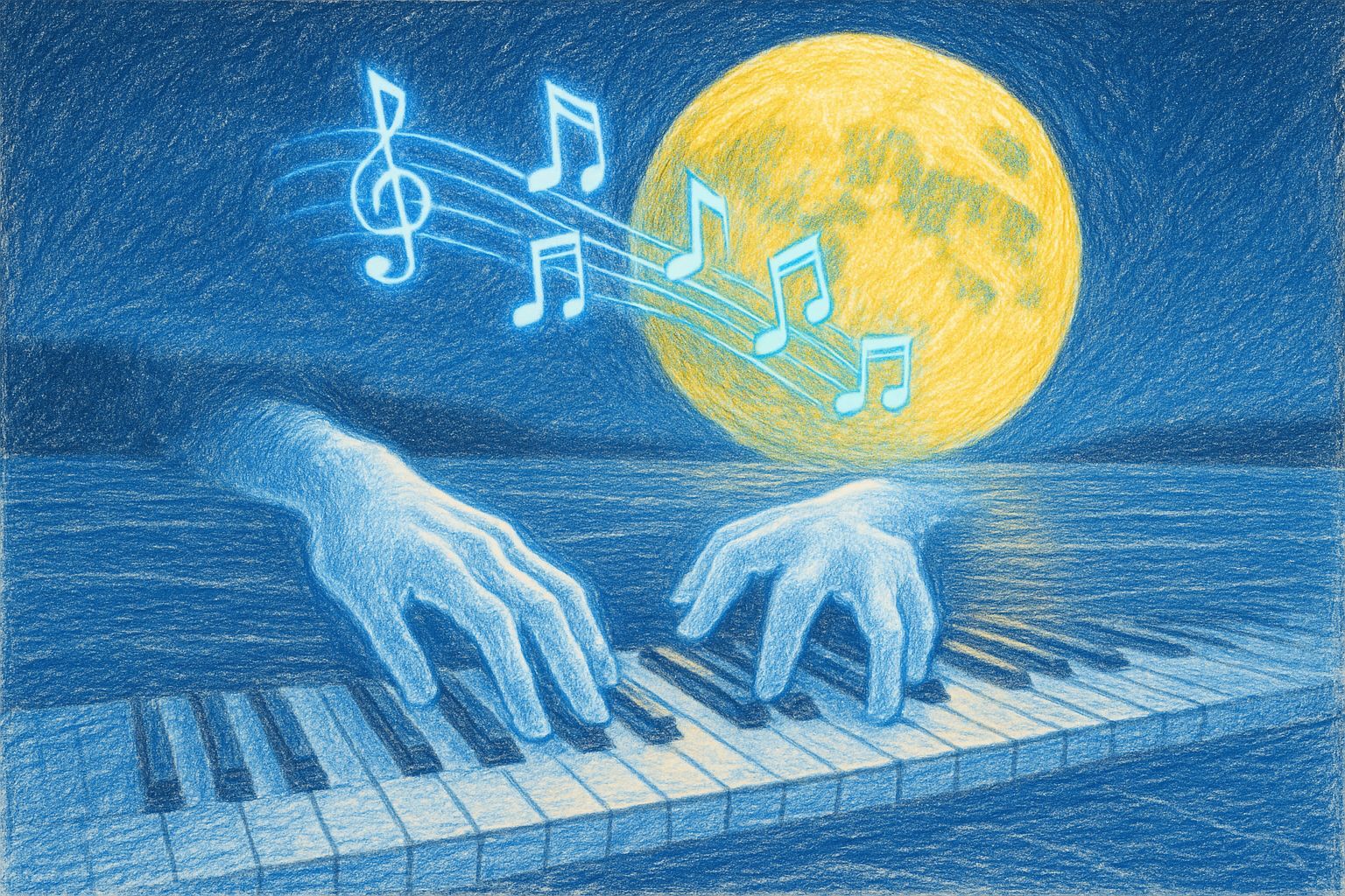 Ethereal Hands Play Piano on Frozen Lake Under Moon
