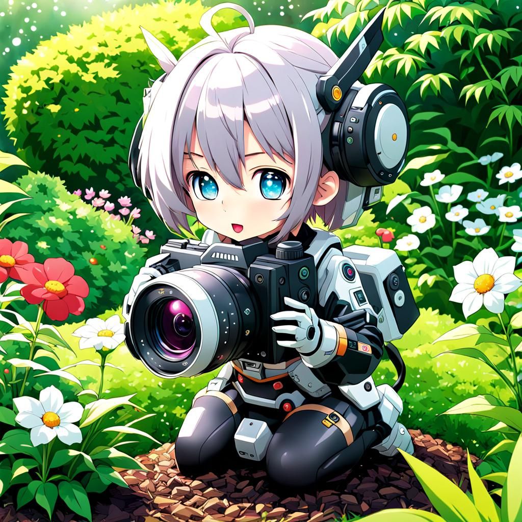 Cyborg Camera Girl in Anime Style Garden