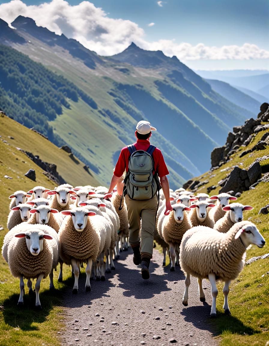 Anthropomorphic Sheep Hiking Mountain with Tour Guide