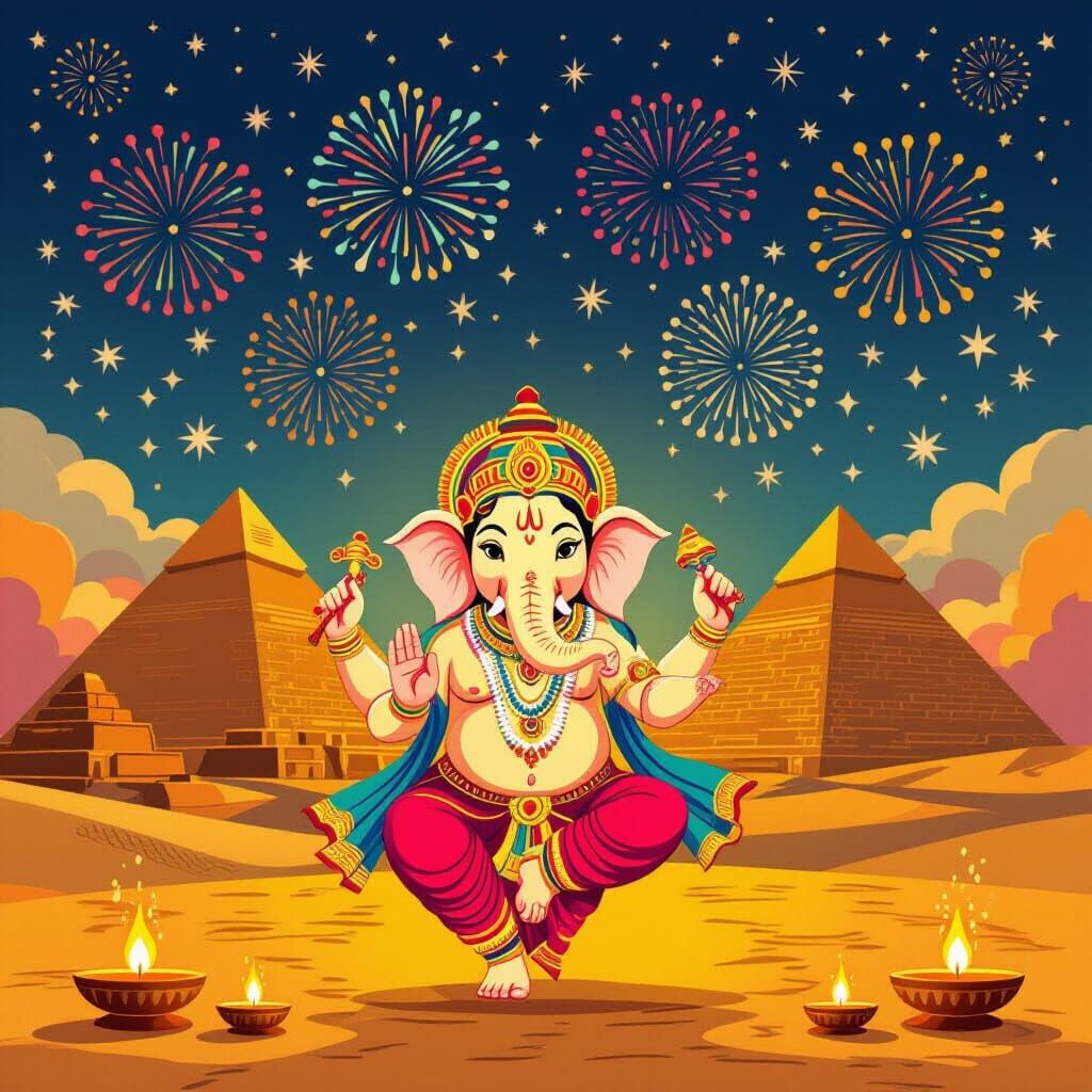 Ganesha Dancing at Pyramids Amidst Diwali Fireworks