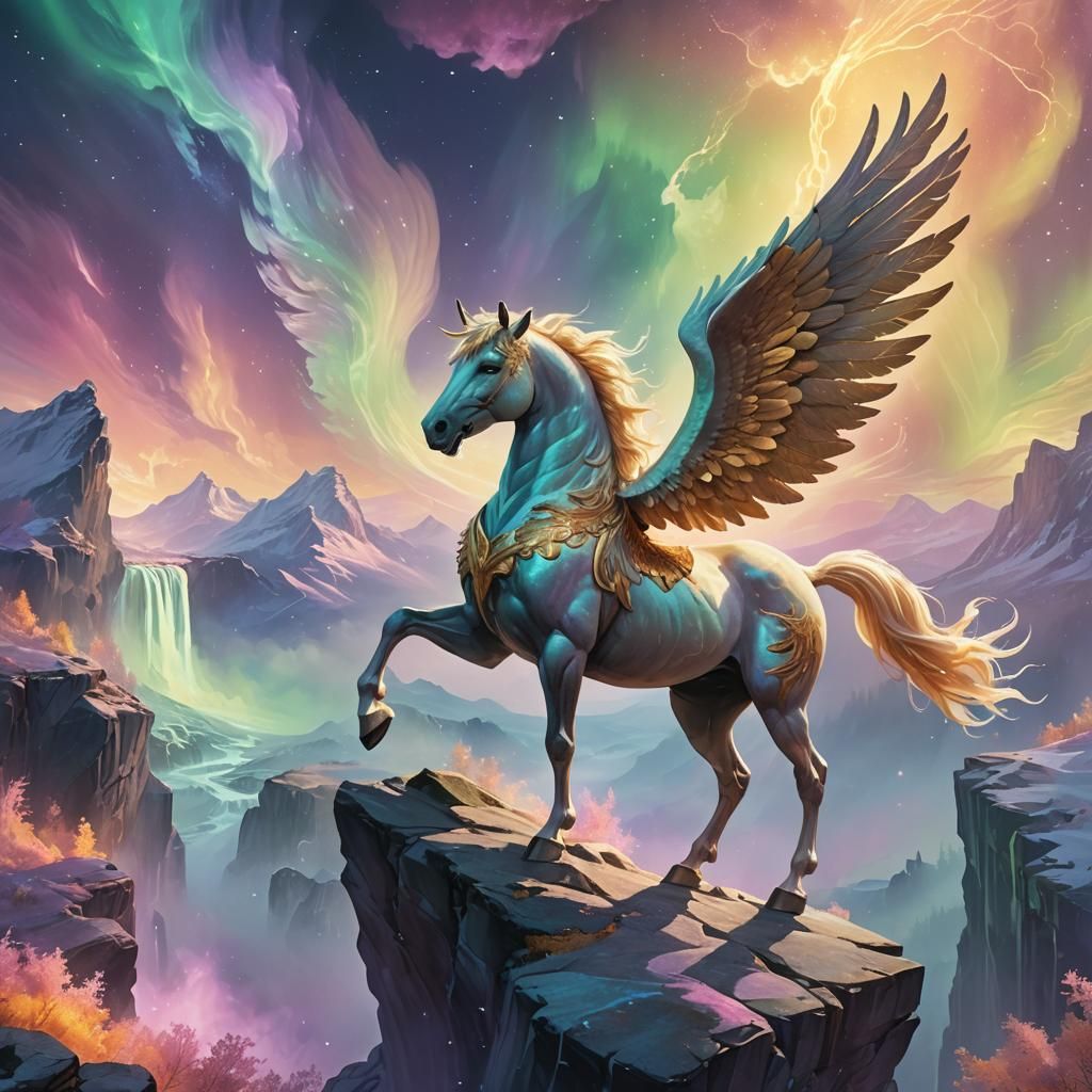 Ethereal Pegasus in Aurora Mist: Mythological Concept Art