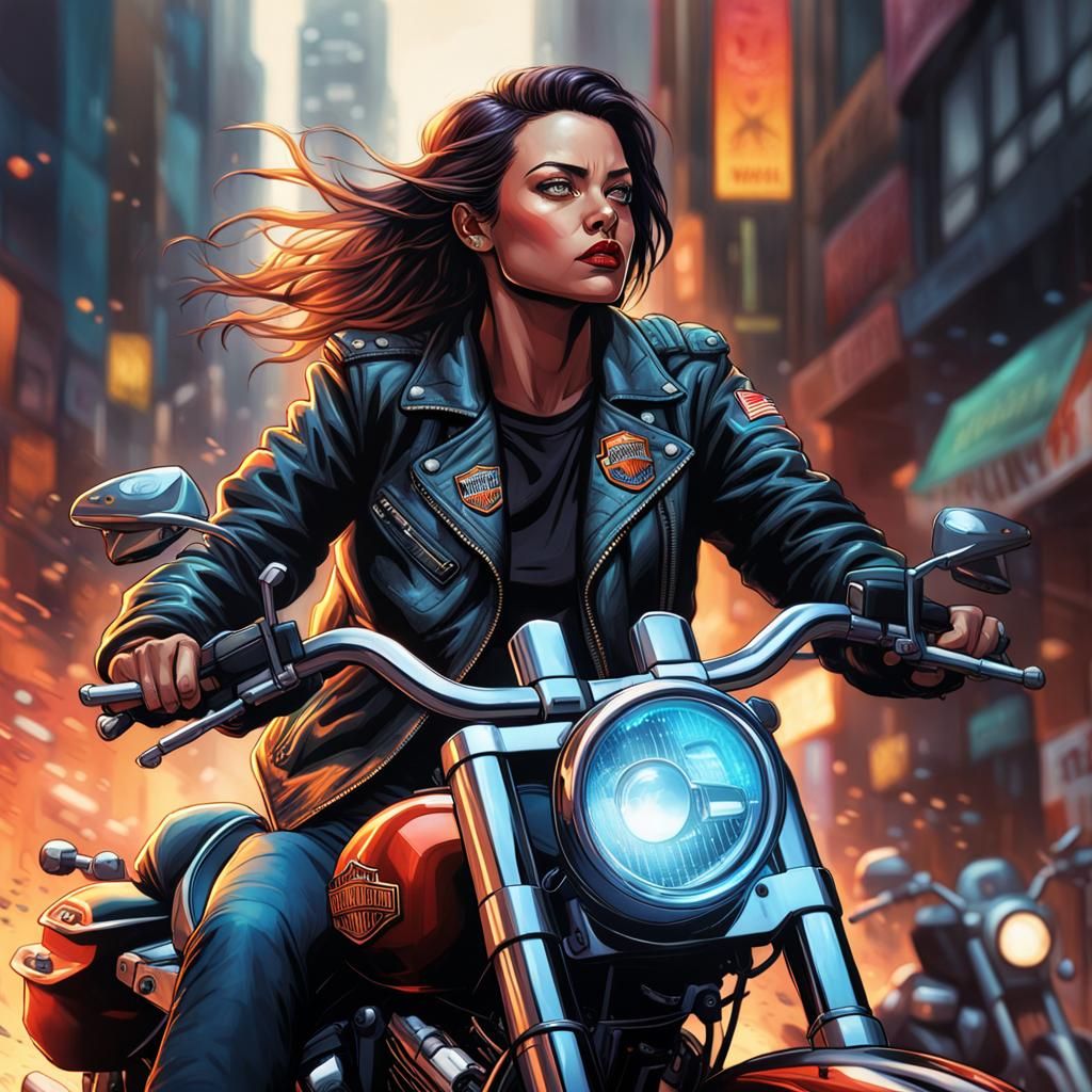 Heroic Woman in Harley Jacket: Comic Book Splash Art