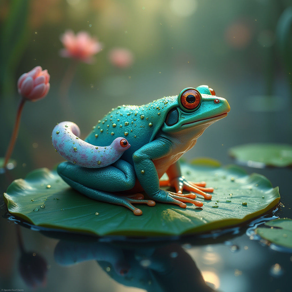 Frog and Slug on Lily Pad: Matte Painting