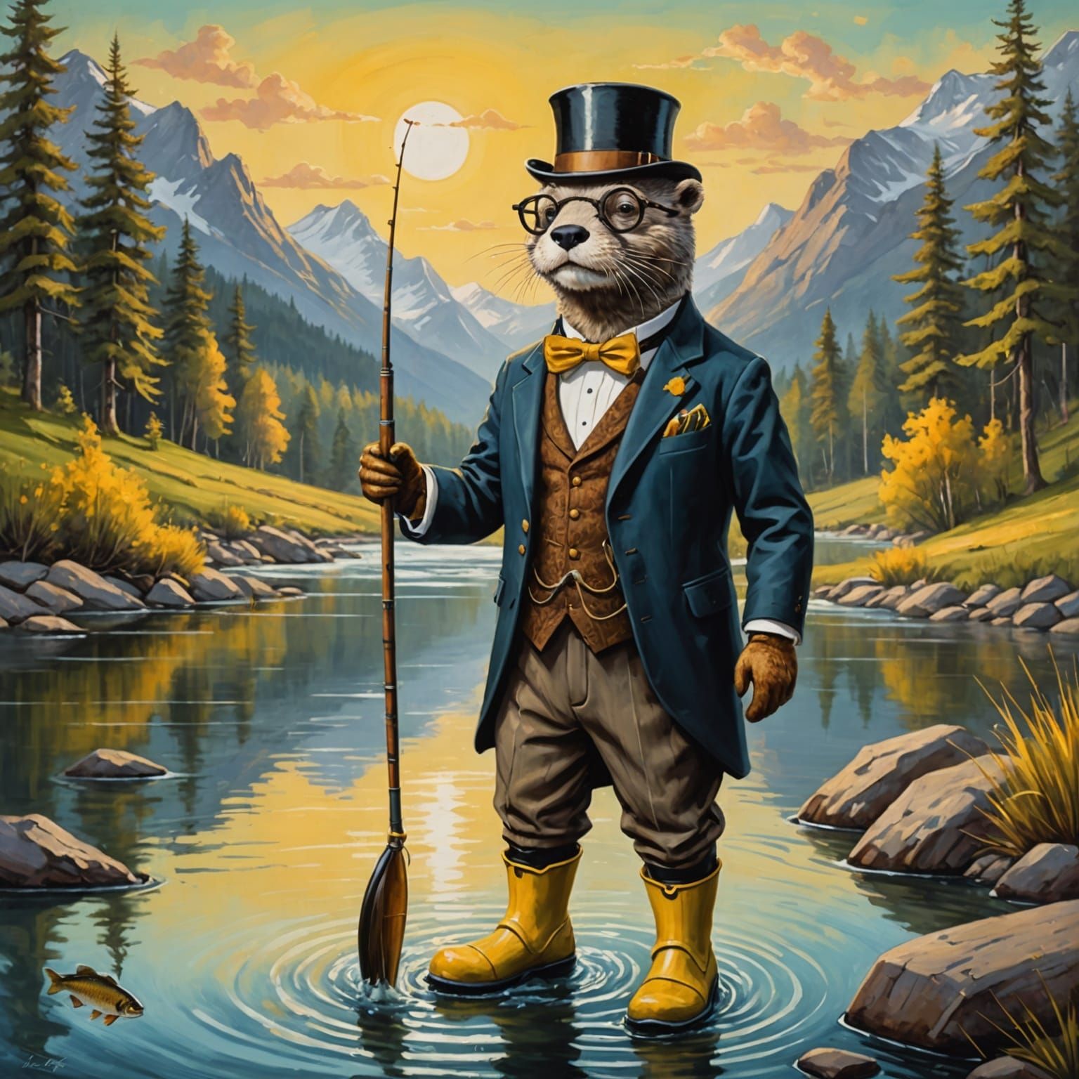 Steampunk Otter Fishing at Sunset: Acrylic Painting