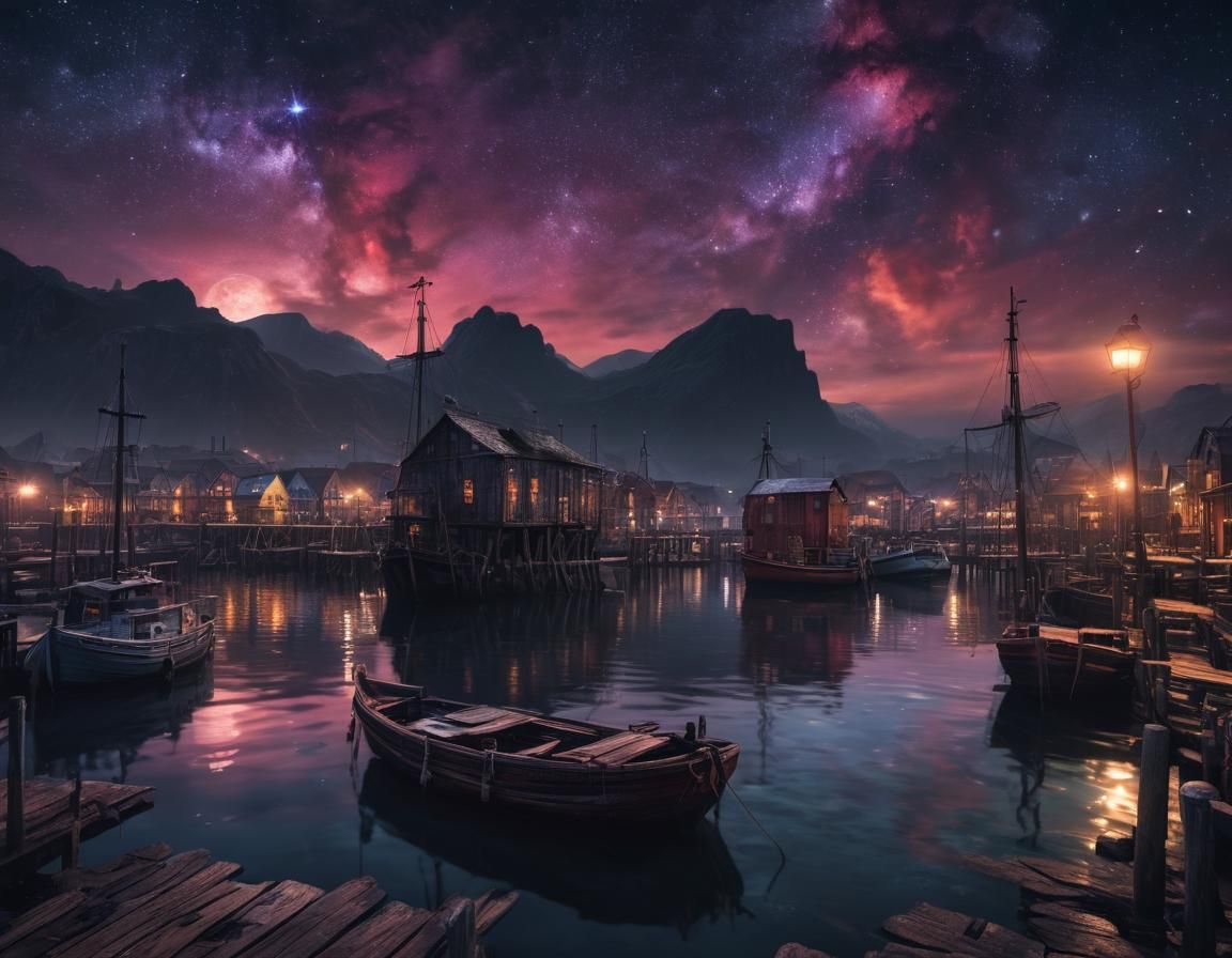 Fantasy Harbor Under Starry Galaxy in CGI Style