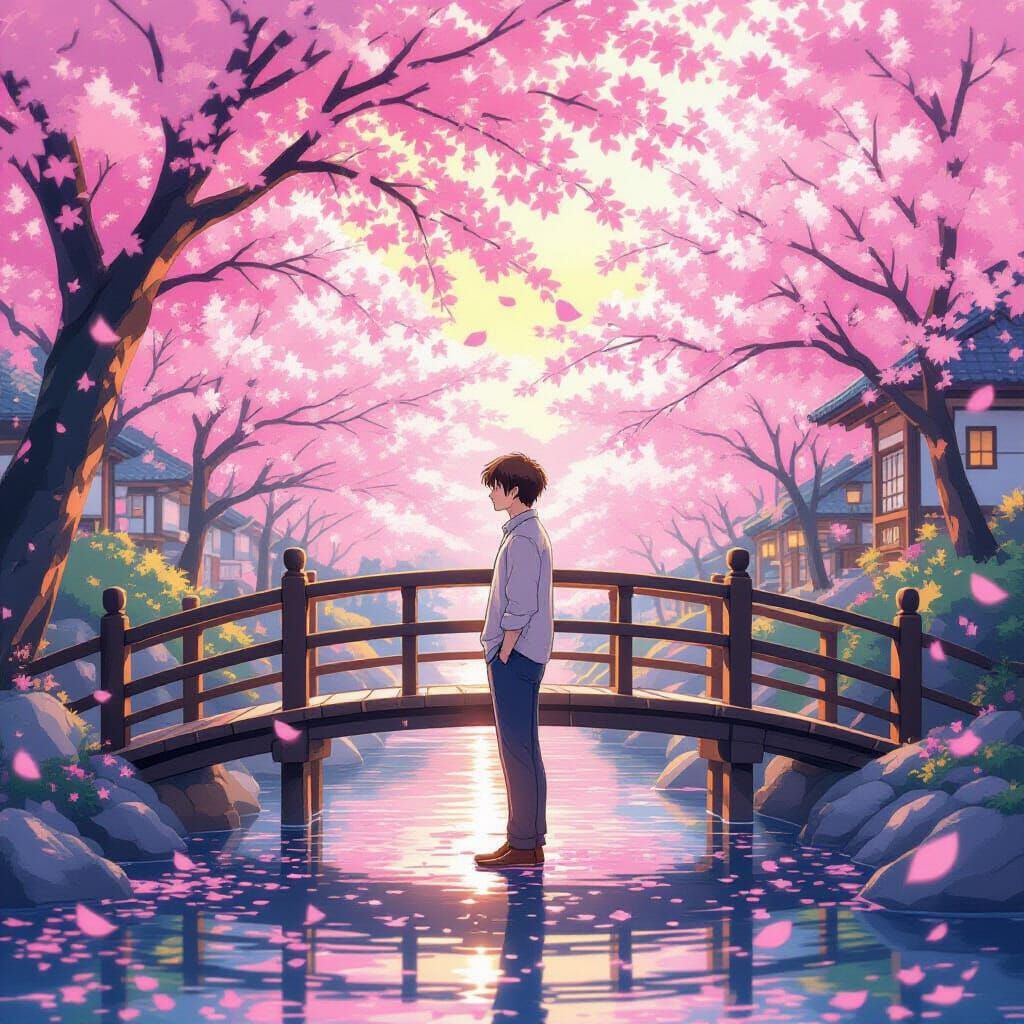 Anime Style Young Man on Cherry Blossom Bridge