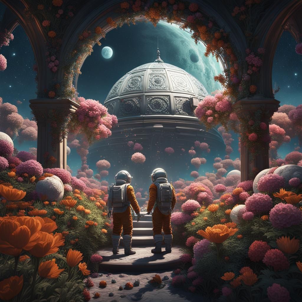 Lunar Gardeners: Men tending flowers in moon dome