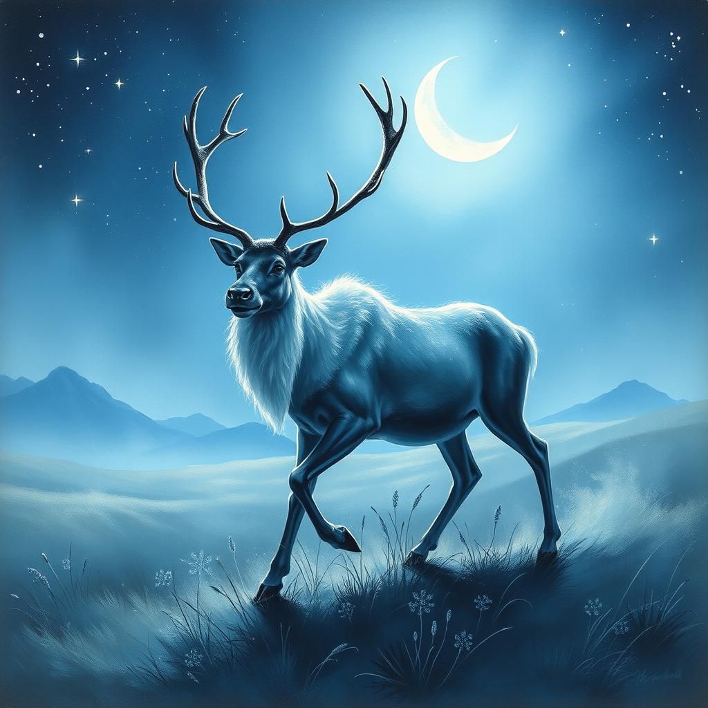 Ethereal Reindeer in Moonlit Field, Digital Art