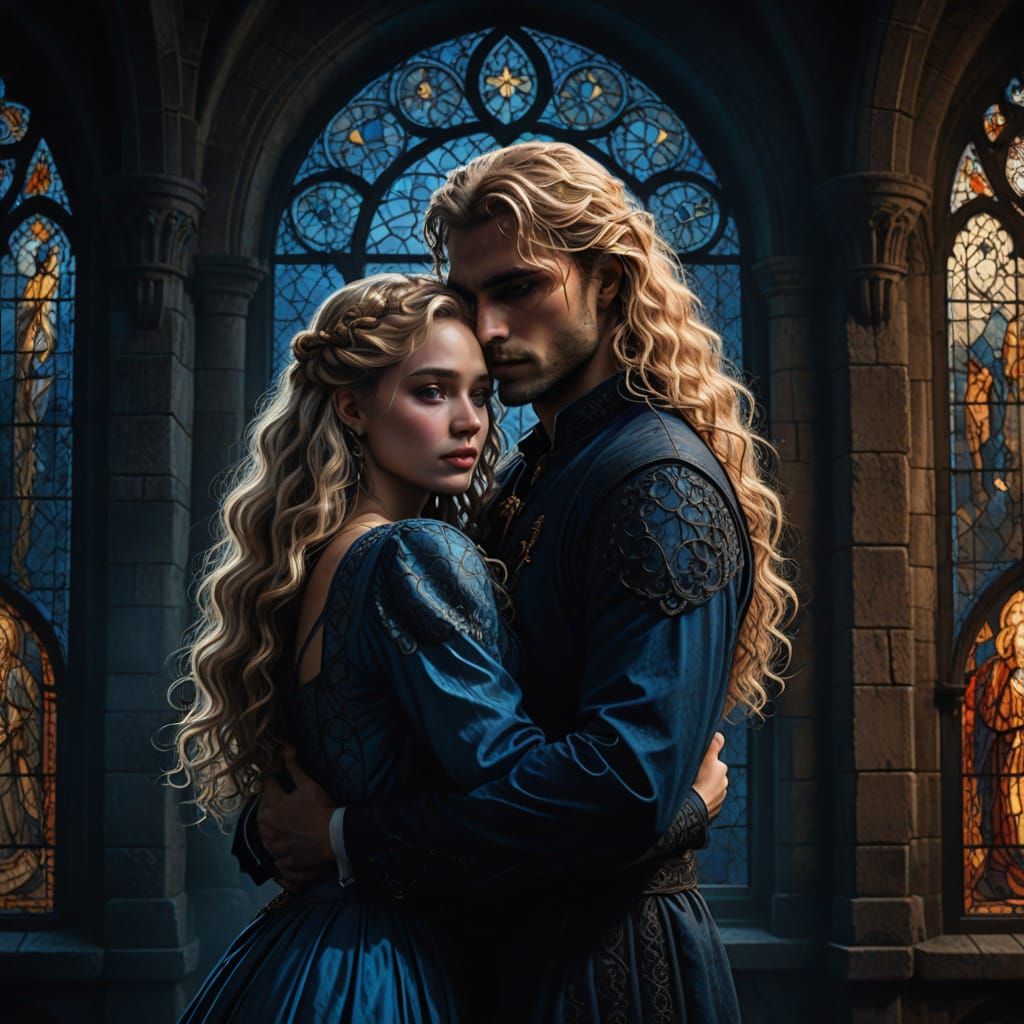 Gothic Goddess in Dark Castle Embraced by a Dark Giant