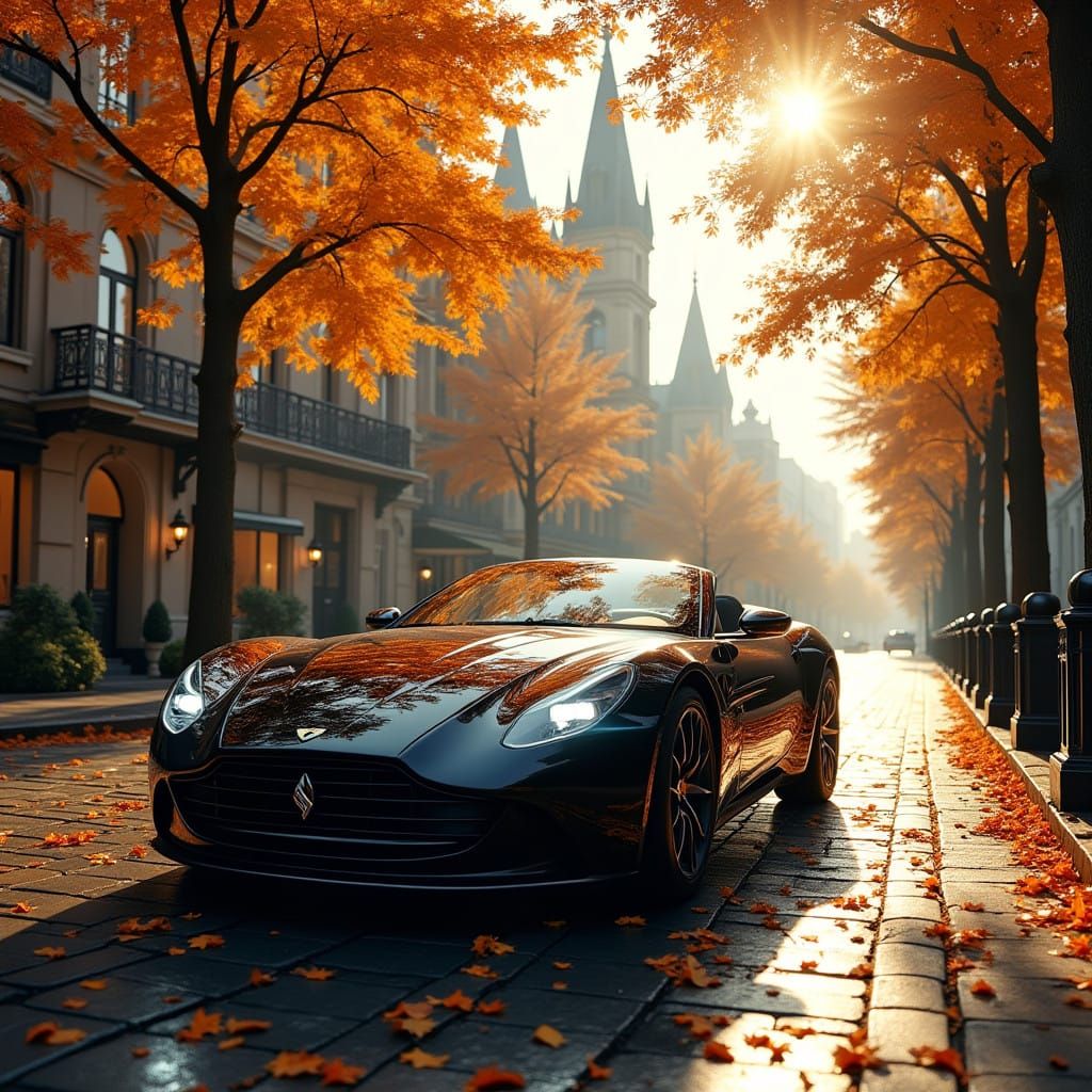Sleek Black Convertible on Cobblestone Street Amidst Autumn....
