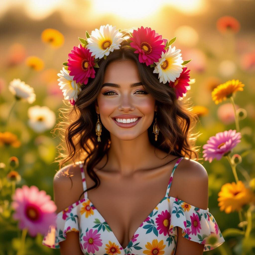 Radiant Woman Surrounded by Flowers in Dreamy Style