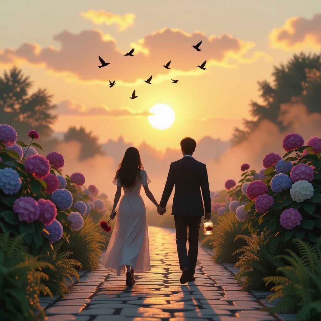 Sunrise Walk Through Misty Garden Path