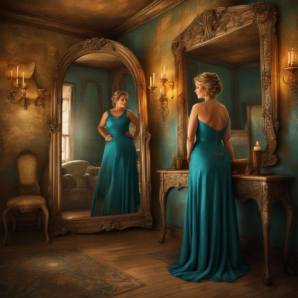 Curvaceous Woman in Rustic Boudoir with Cracked Mirror