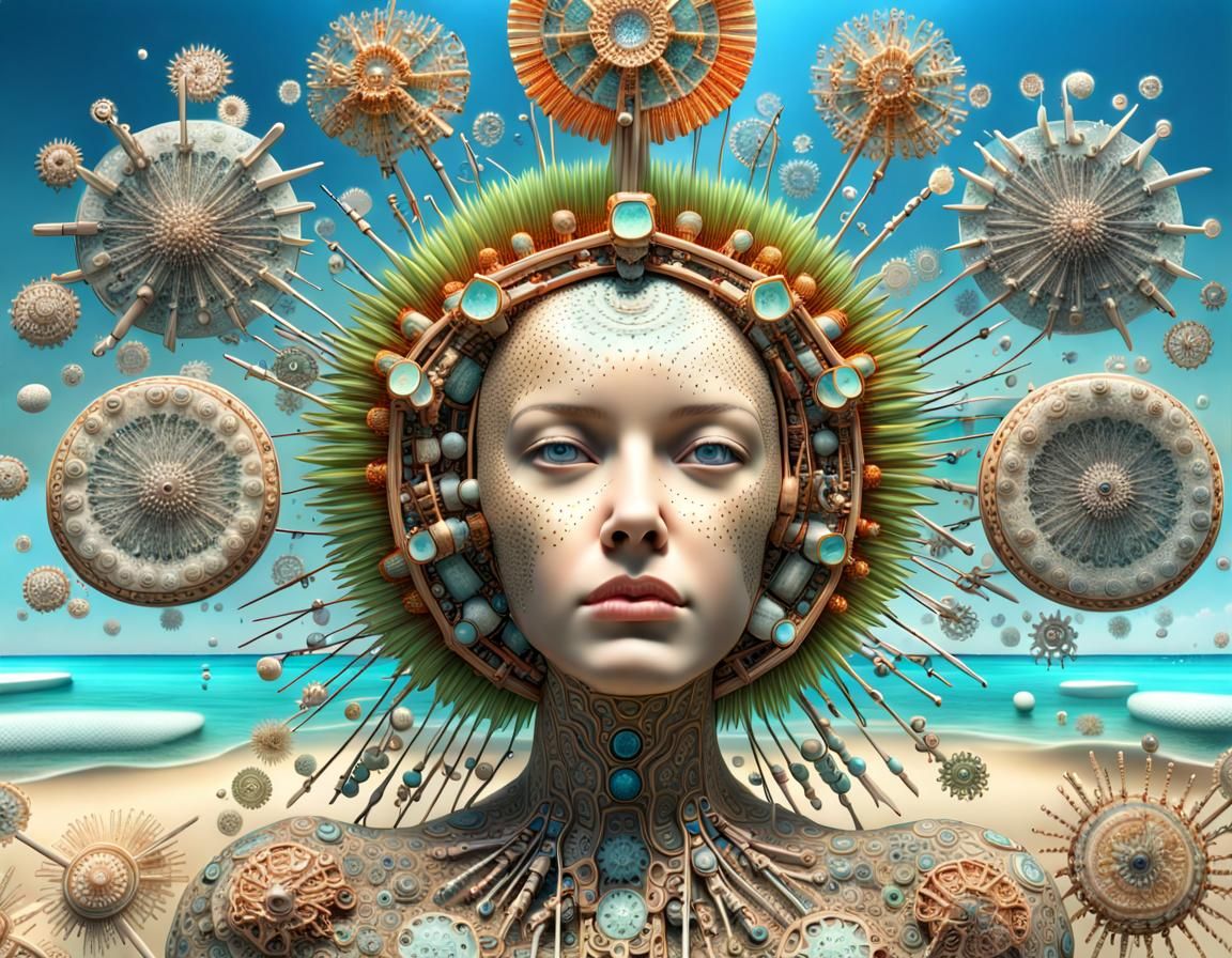 Tropical Beach Woman with Cybernetic Diatom Brain