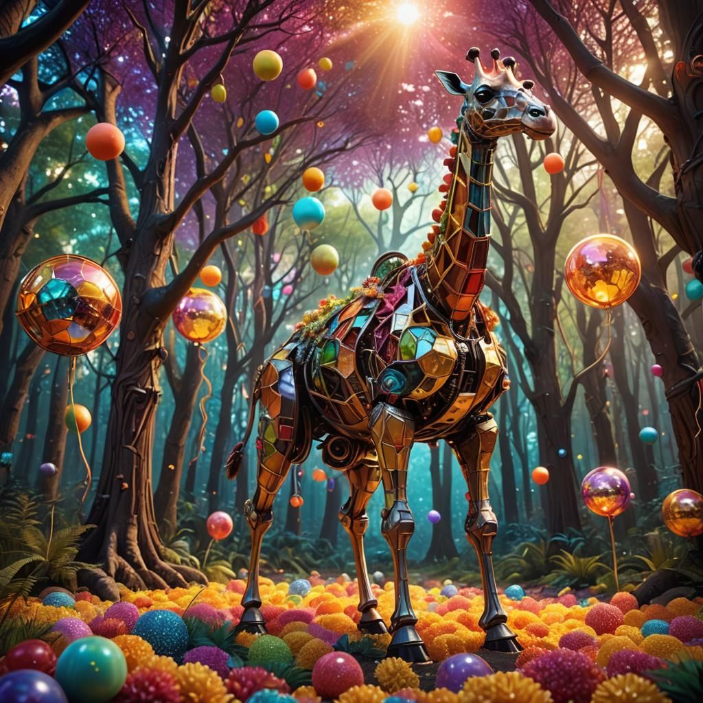 Mechanical Giraffe Wanders Whimsical Spaghetti Forest
