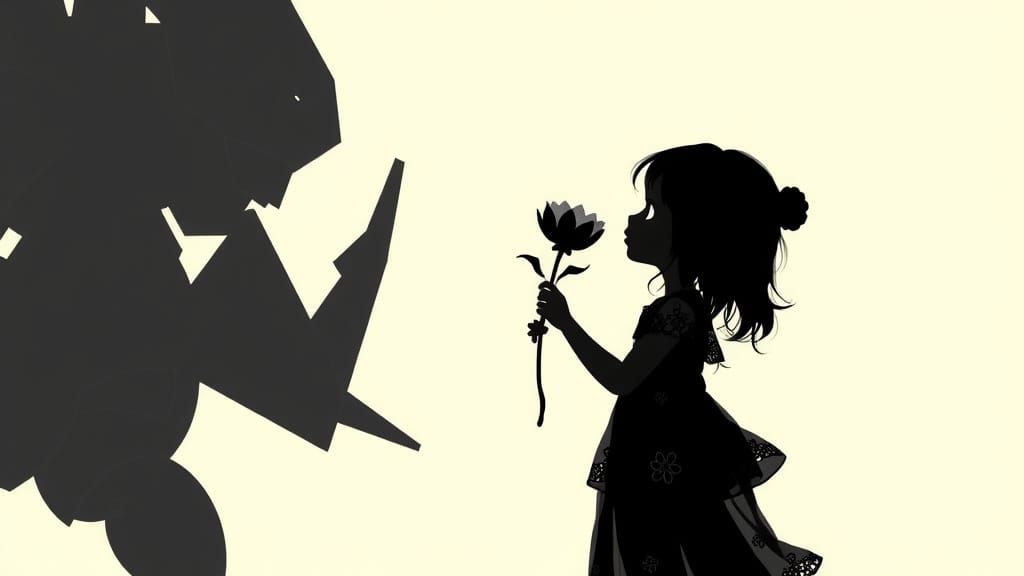 Girl Contemplating Futuristic Robot in a Dreamlike Scene