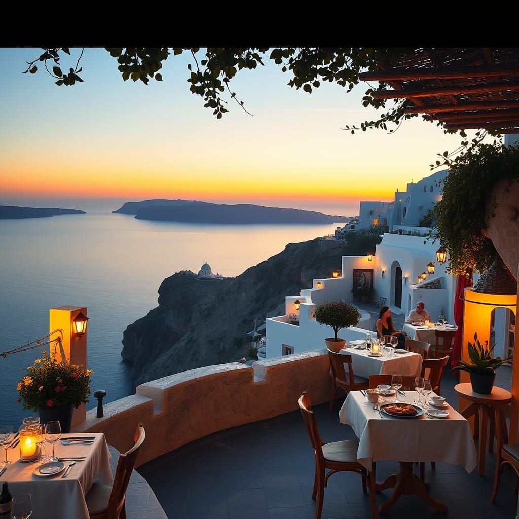Santorini Cliffside Tavernas in Warm Golden Light