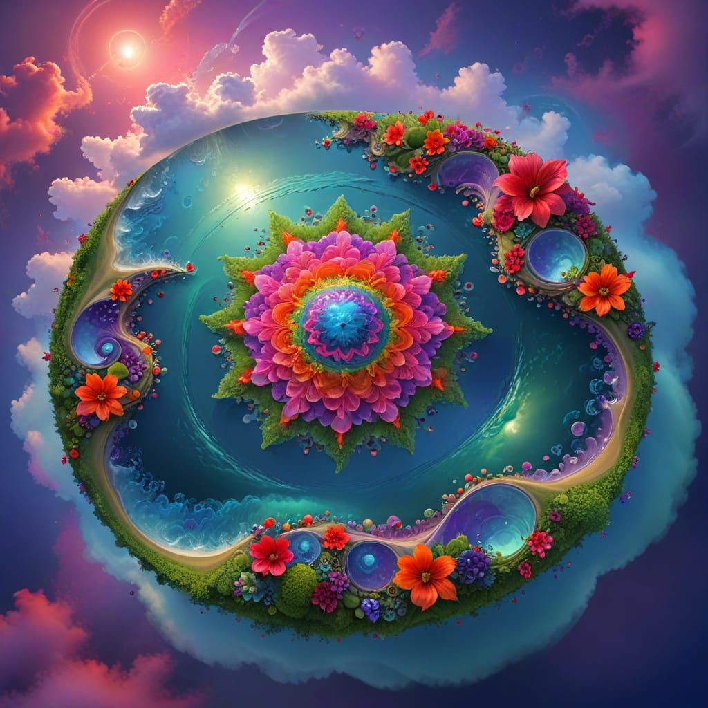 Mandala Sphere Island with Tropical Flowers and Crystal Lago...