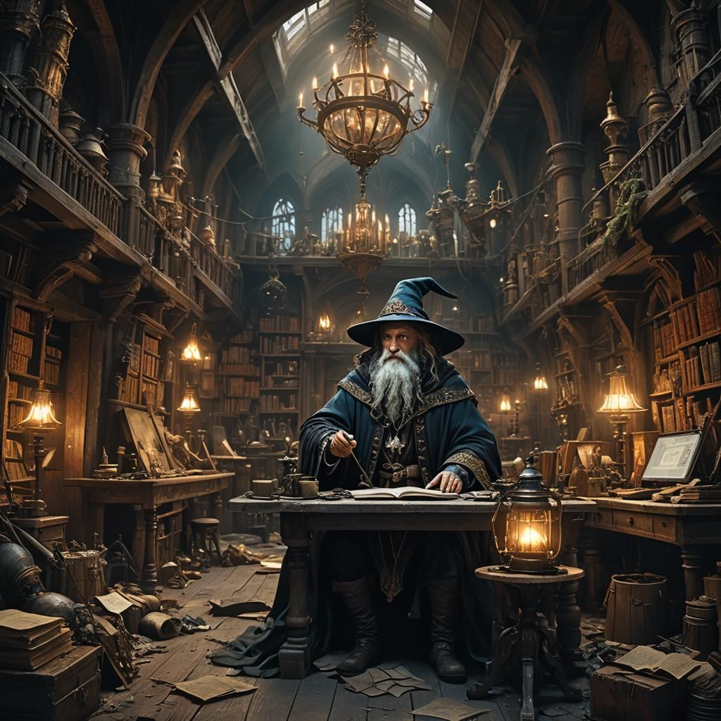 Wizard in Medieval Office: Fantasycore Digital Art
