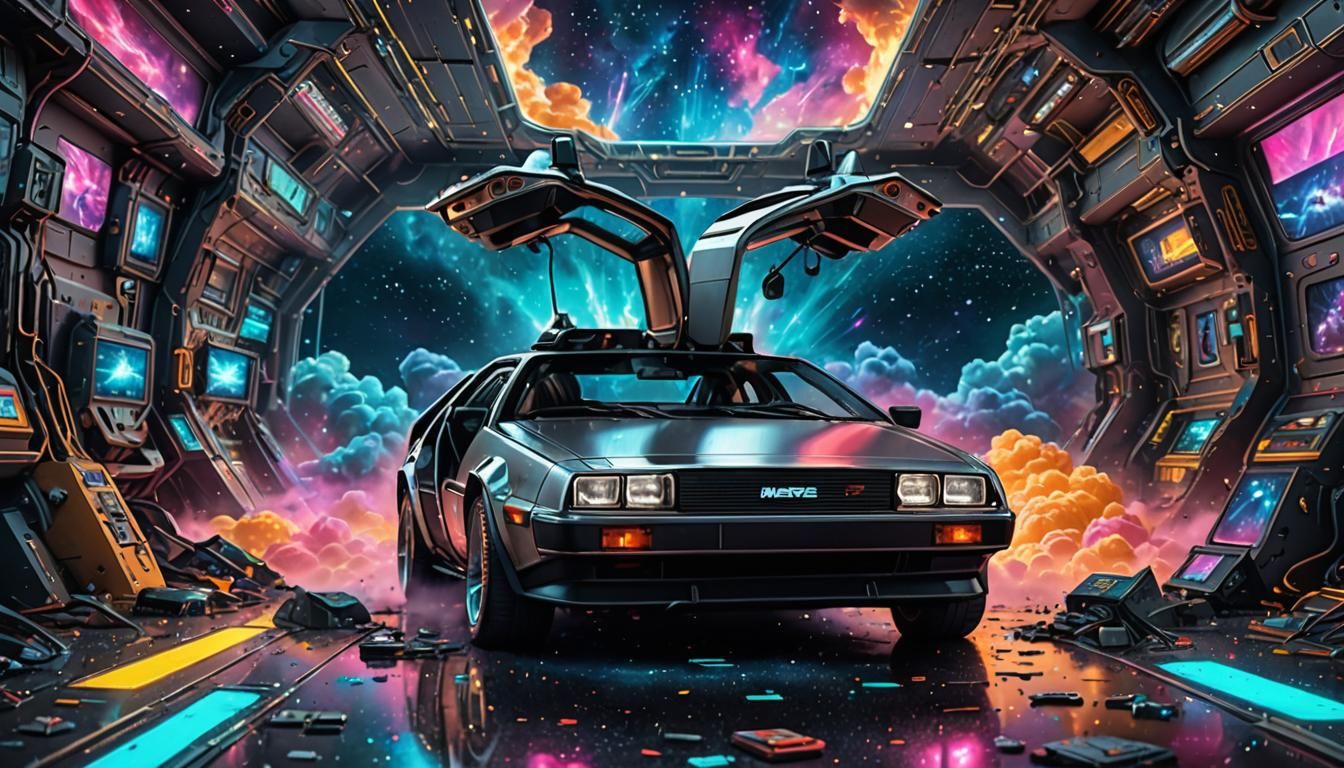 Cyberpunk DeLorean Time Machine in Space Nebula