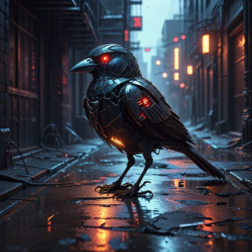 Robotic Bird Watches Grimy Cyberpunk City