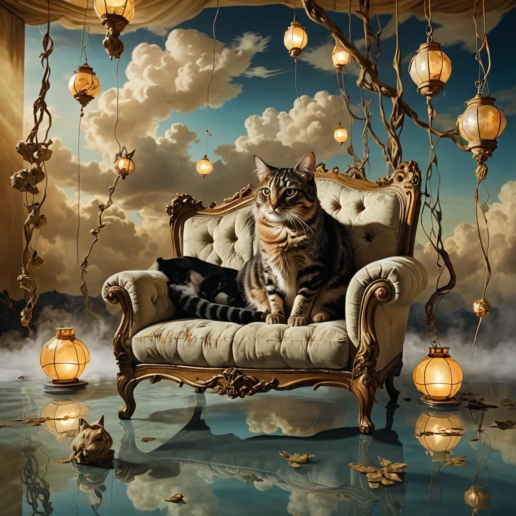 Surreal Cat on Floating Couch in Dreamscape