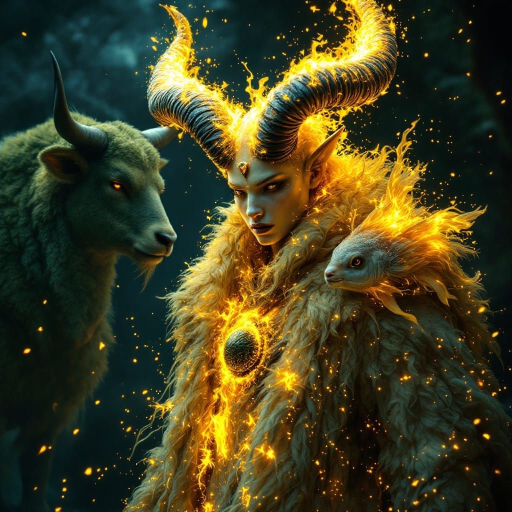 Neon Horned Figure with Bull and Fish