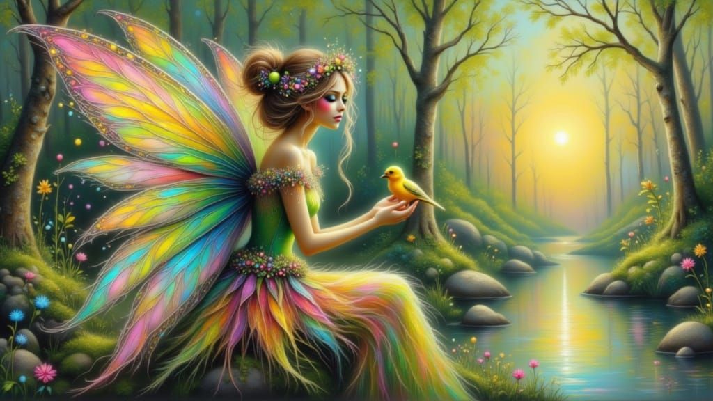 Fairy holding a canary