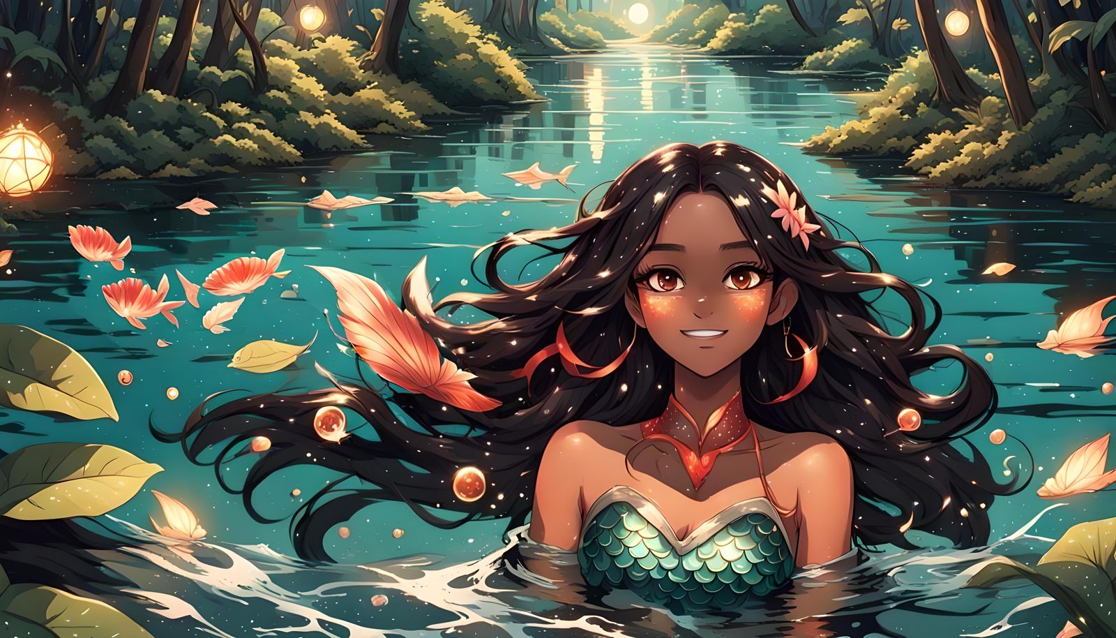 Anime Mermaid in Amazon River at Night