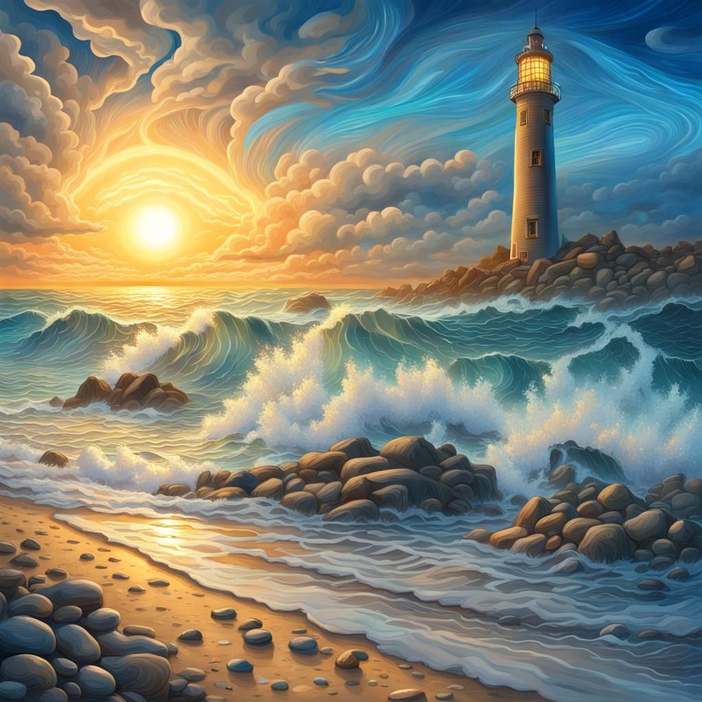 Coastal Sunset with Waves and Lighthouse, Cosmic Art