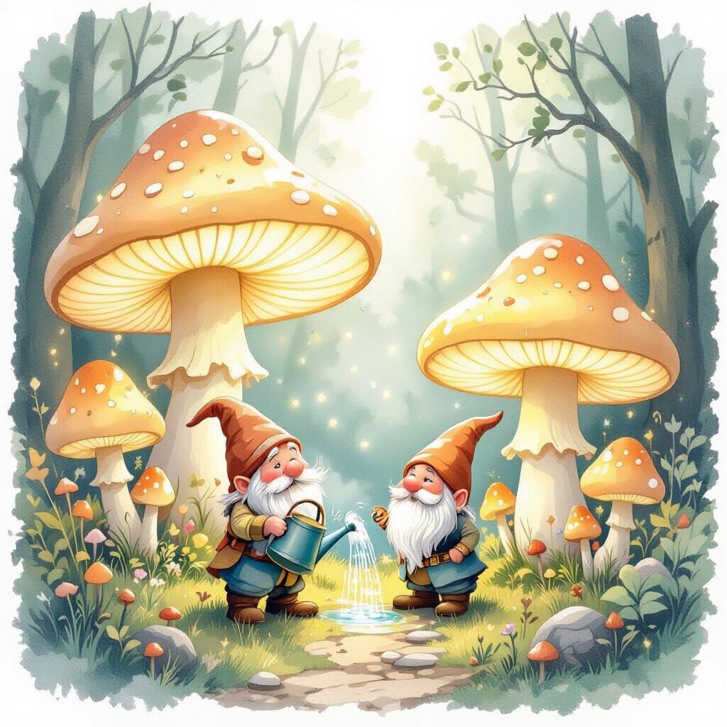Gnome's Glowing Mushroom Garden: Watercolor Fantasy