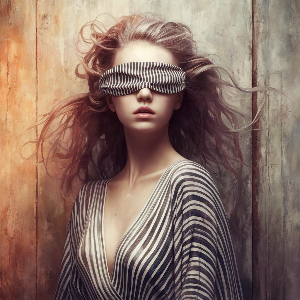 Stunning Liquid Melt Portrait of Young Woman in Striped Blin...