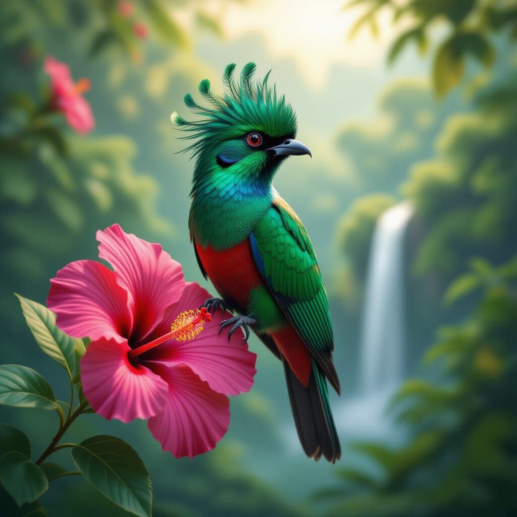 Quetzal Bird and Hibiscus Flower in Hyper-Realistic Detail