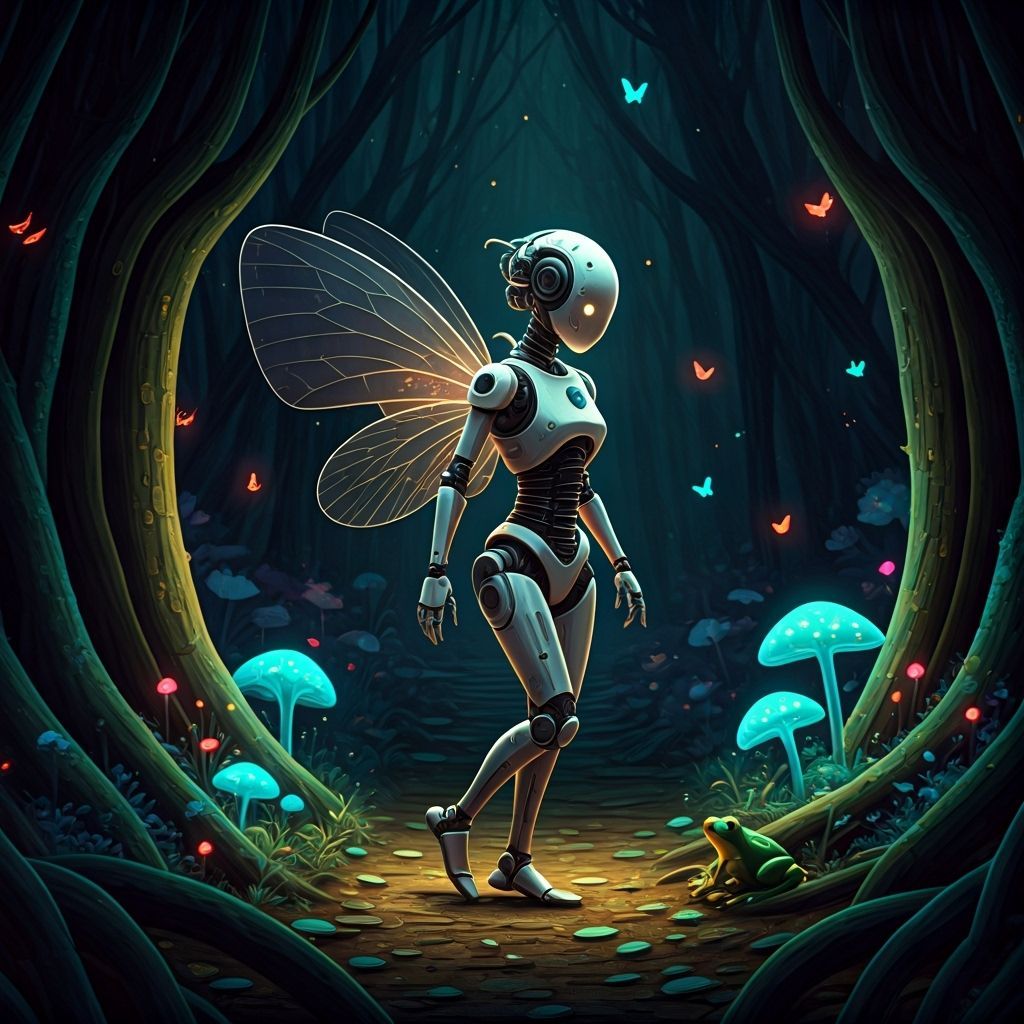 Fairy Robot in Mystical Forest, Cyberpunk & Biomechanical St...