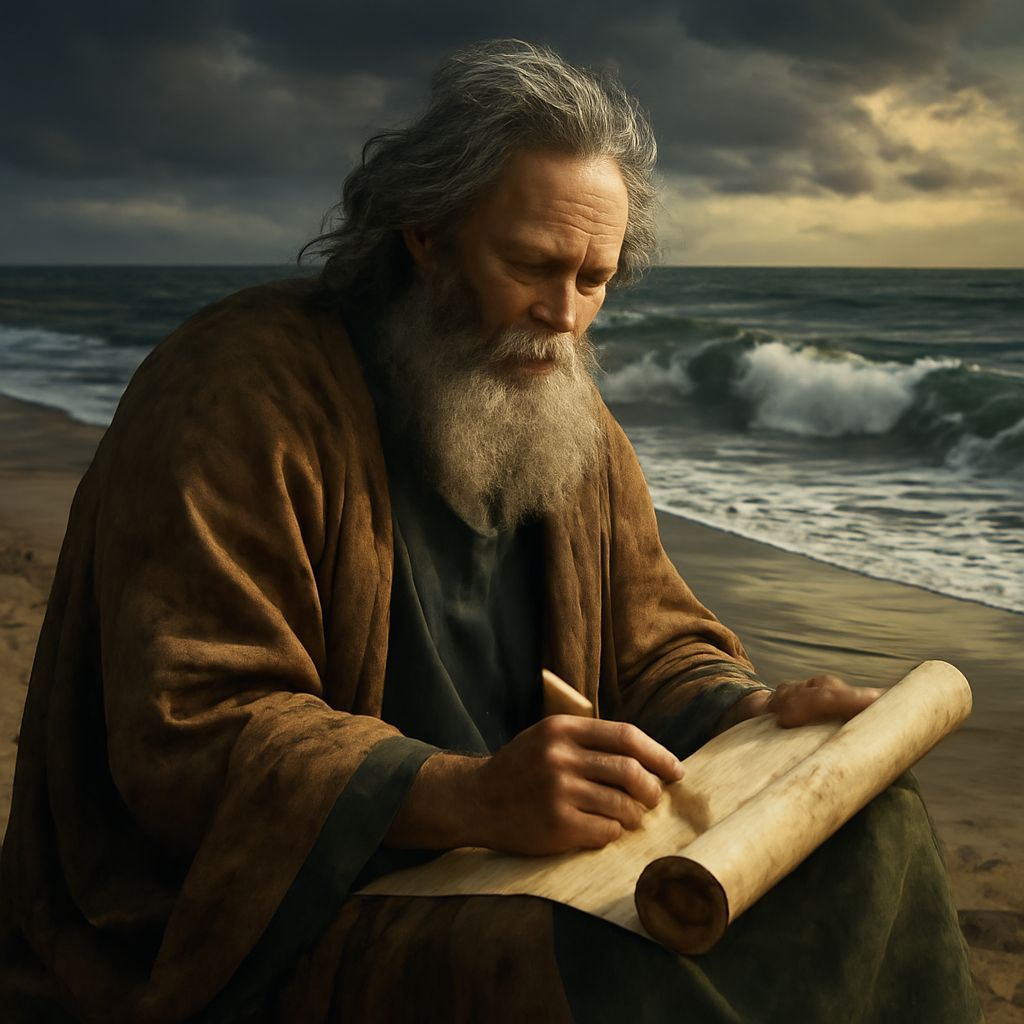 Apostle John Writing Scroll on Beach