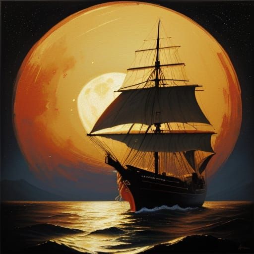Majestic Sailing Ship on Starry Sea, Romanticism Oil Paintin...