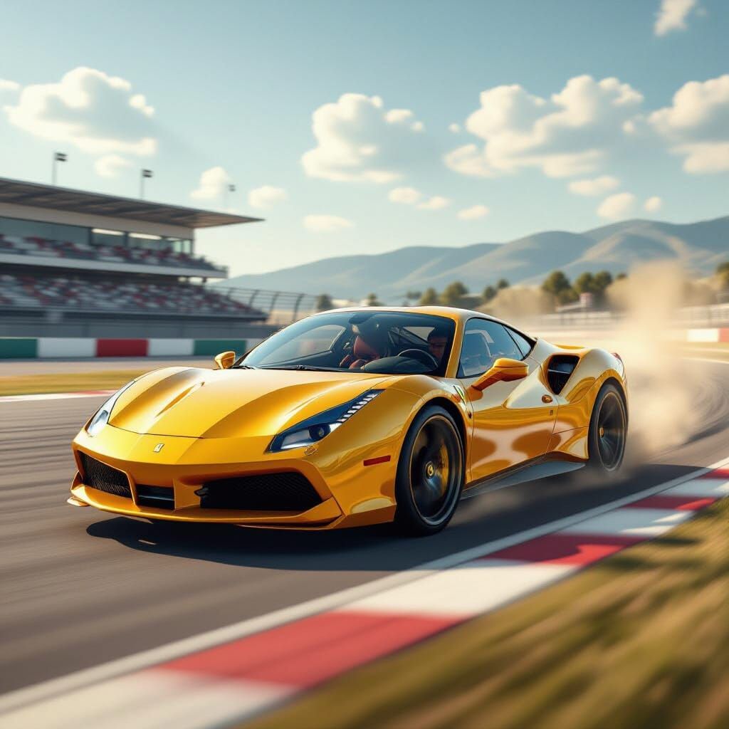 Golden Ferrari Races Down Sun-Drenched Track